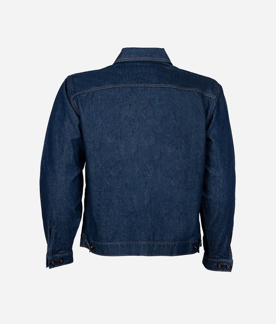 Imagen trasera de una chompa azul confeccionada por Confortline